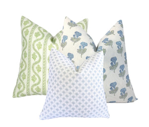 Soft Blue Palm Trees on White Linen Pillow Cover | Light Blue