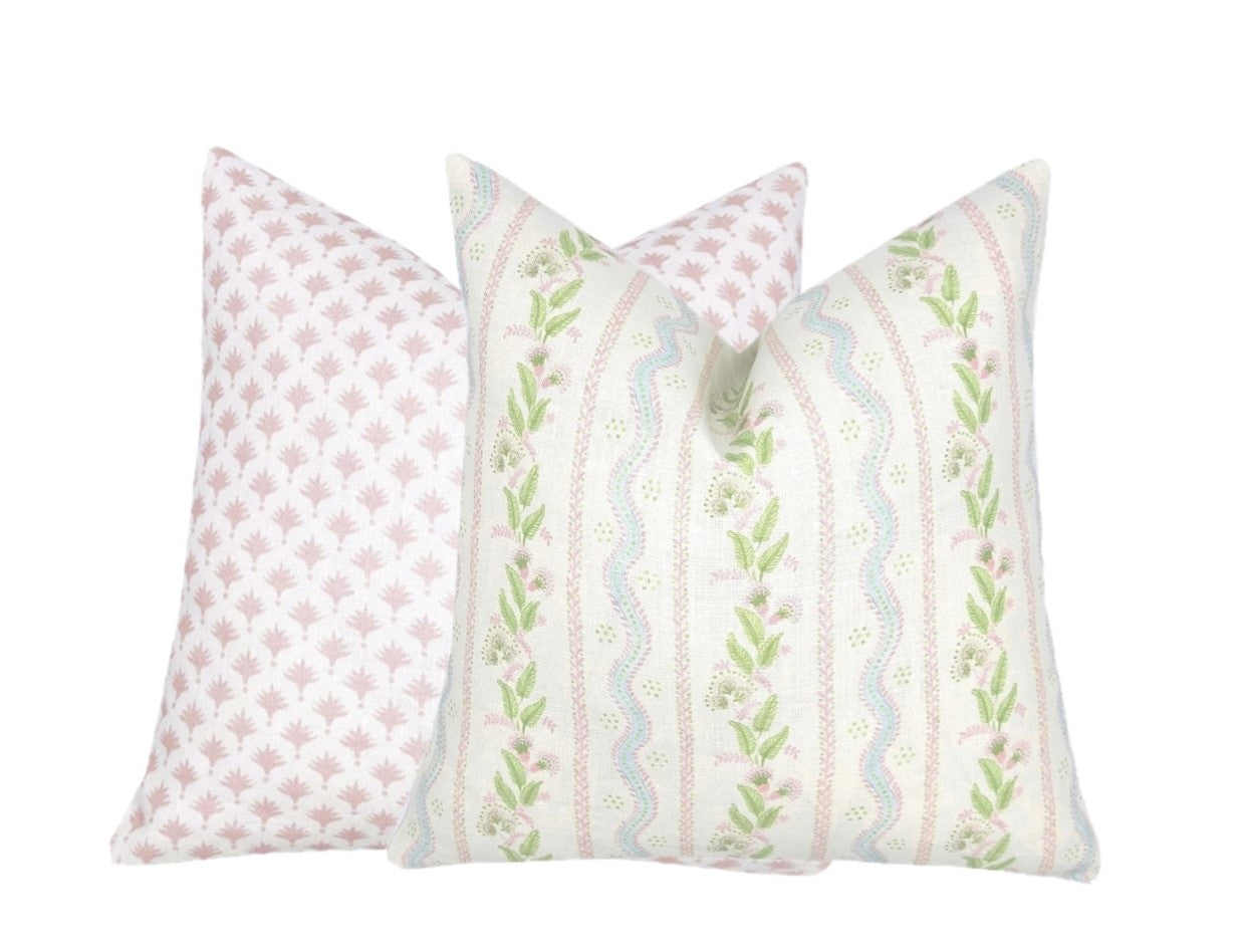 Emma Stripe Pink Blue Green Linen Pillow Cover | Soft Pink, Blue and Green on Off White Belgian Linen