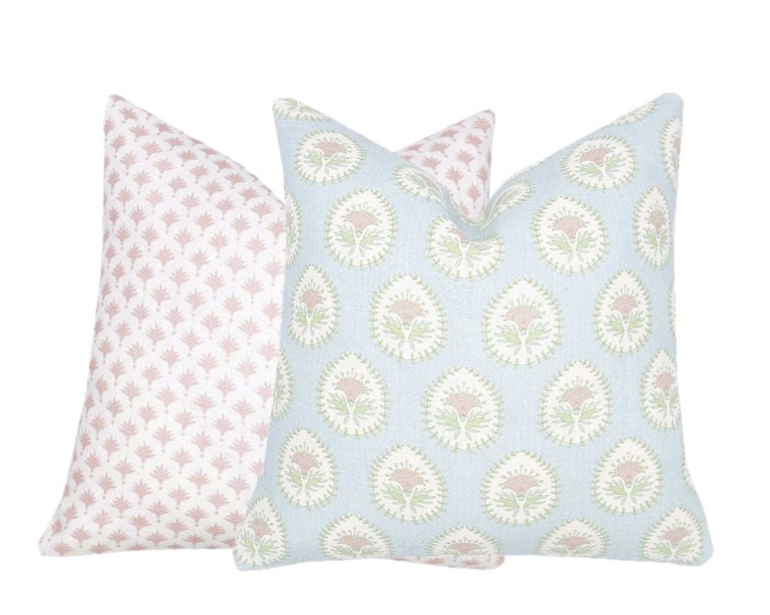 Pink Palm Trees on White Linen Pillow Cover