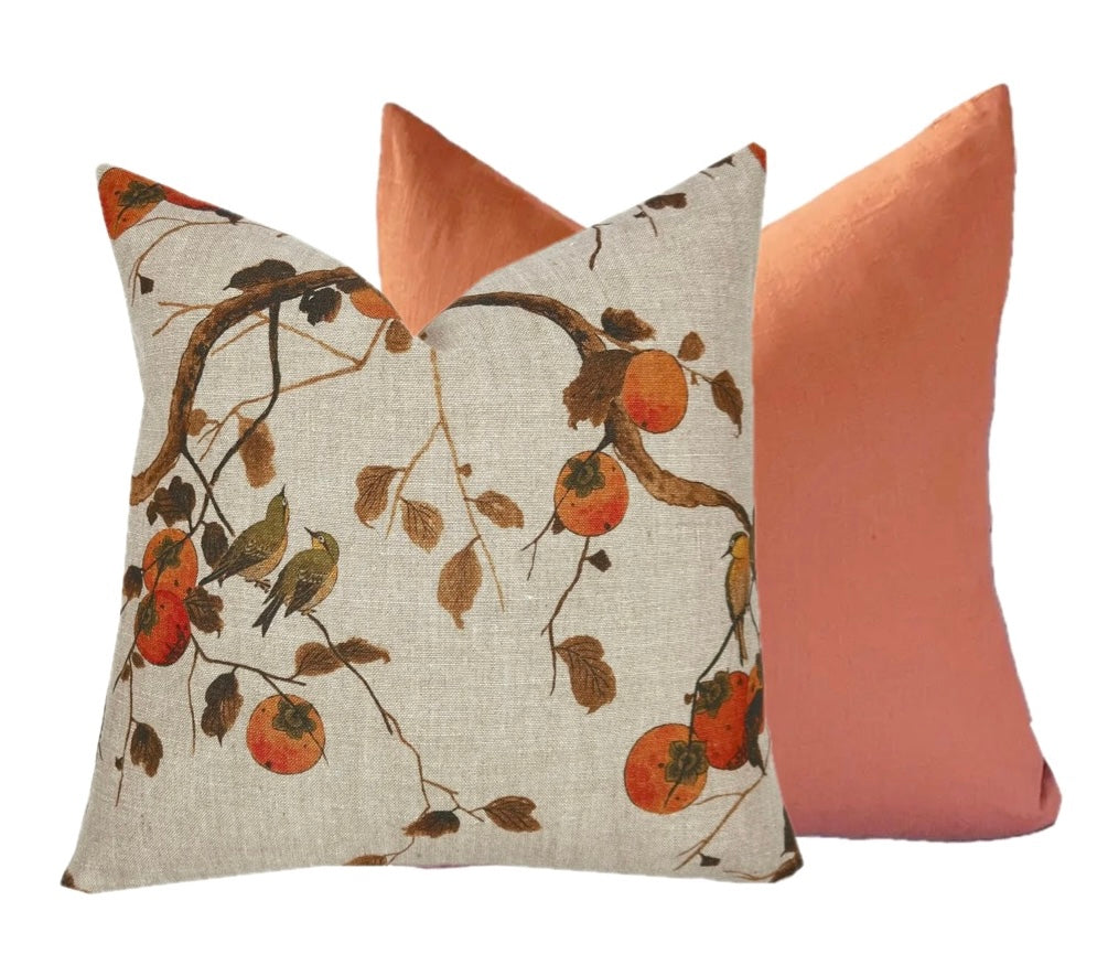 Persimmon Birds Pillow Cover | Brown & Persimmon Tones Botanical