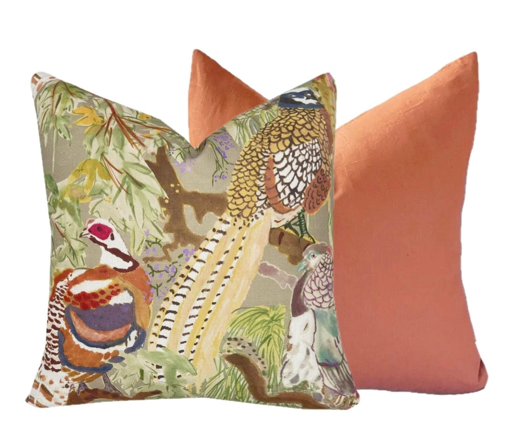 BACKORDER - Designer Game Birds Pillow Cover | Lee Jofa | Stone Green Multi Color Pheasant Print