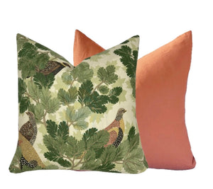 Schumacher Covey Hedge Olive Green Pillow Cover | Deep Green Tones on Soft Green Linen
