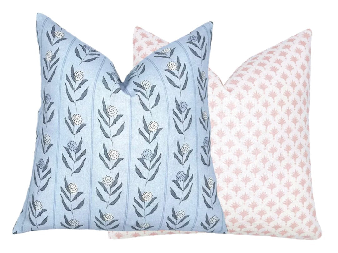 Valerie Coastal Blue Floral Stripe Linen Pillow Cover | 1 or 2 Sided (Copy)
