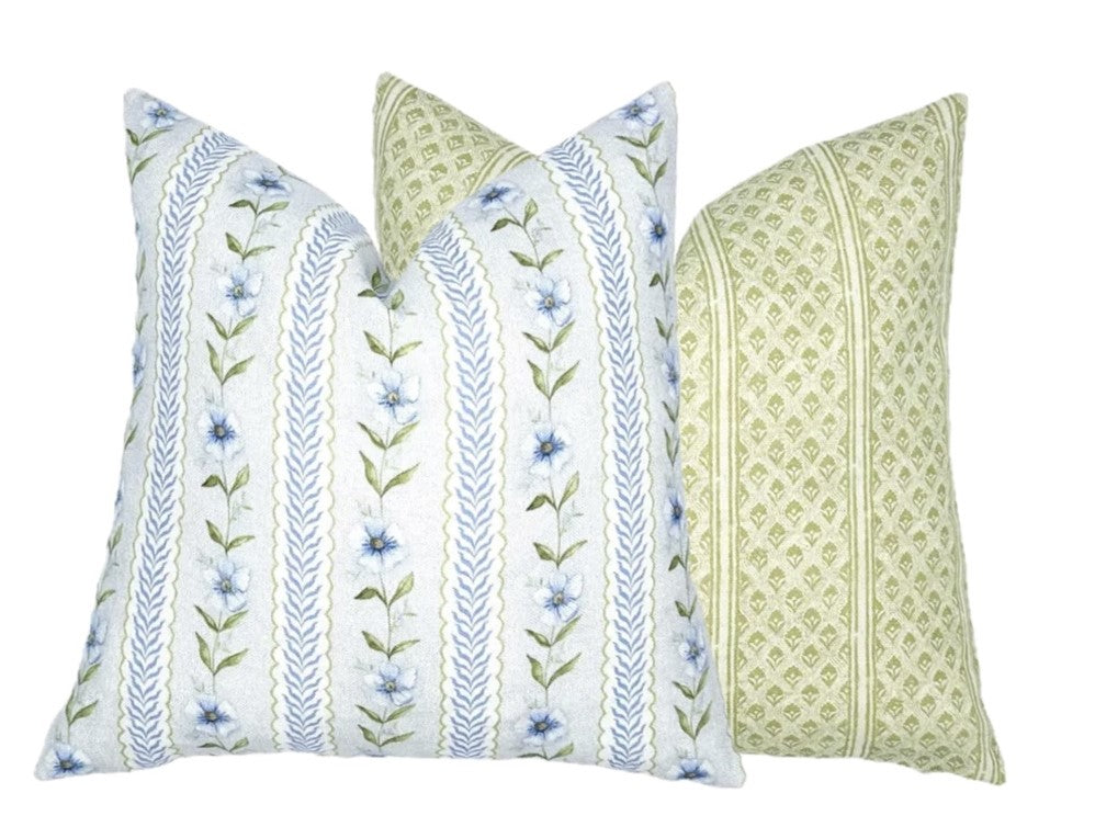 Paige Soft Blue & Green Floral Stripe Linen Pillow Cover