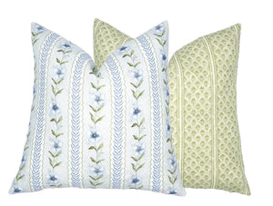 Paige Soft Blue & Green Floral Stripe Linen Pillow Cover