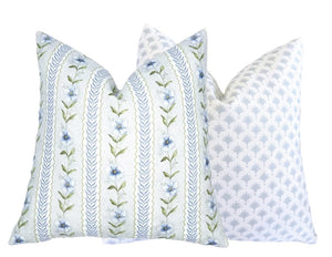 Paige Soft Blue & Green Floral Stripe Linen Pillow Cover