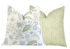 Kathy Vine Blue and Green Linen Pillow Cover | Designer | High End | Soft Sky Blue and Green on Off White Belgian Linen