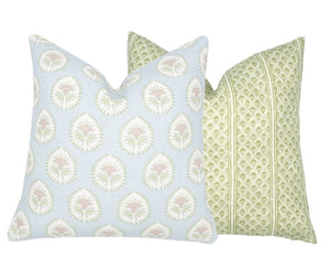 Daphne Blue and Pink Linen Pillow Cover | Blue Pink Green | Designer | High End | 1 or 2 Sided