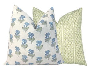 Samali Sky Blue and Green Floral Block Print Pillow Cover | Mughal Flower