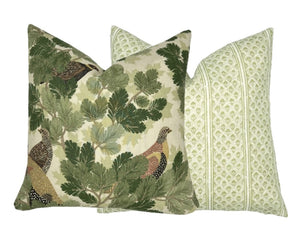 Schumacher Covey Hedge Olive Green Pillow Cover | Deep Green Tones on Soft Green Linen