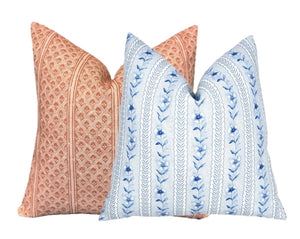 Paige Soft Blue Floral Stripe Linen Pillow Cover | Coastal Blue | 1 or 2 Sided
