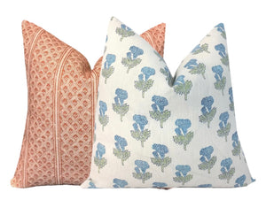 Samali Sky Blue and Green Floral Block Print Pillow Cover | Mughal Flower