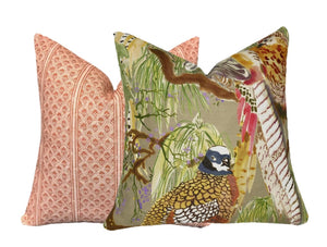 Designer Game Birds Pillow Cover | Lee Jofa | Stone Green Multi Color Pheasant Print