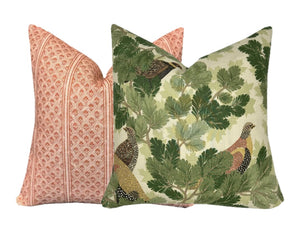 Schumacher Covey Hedge Olive Green Pillow Cover | Deep Green Tones on Soft Green Linen