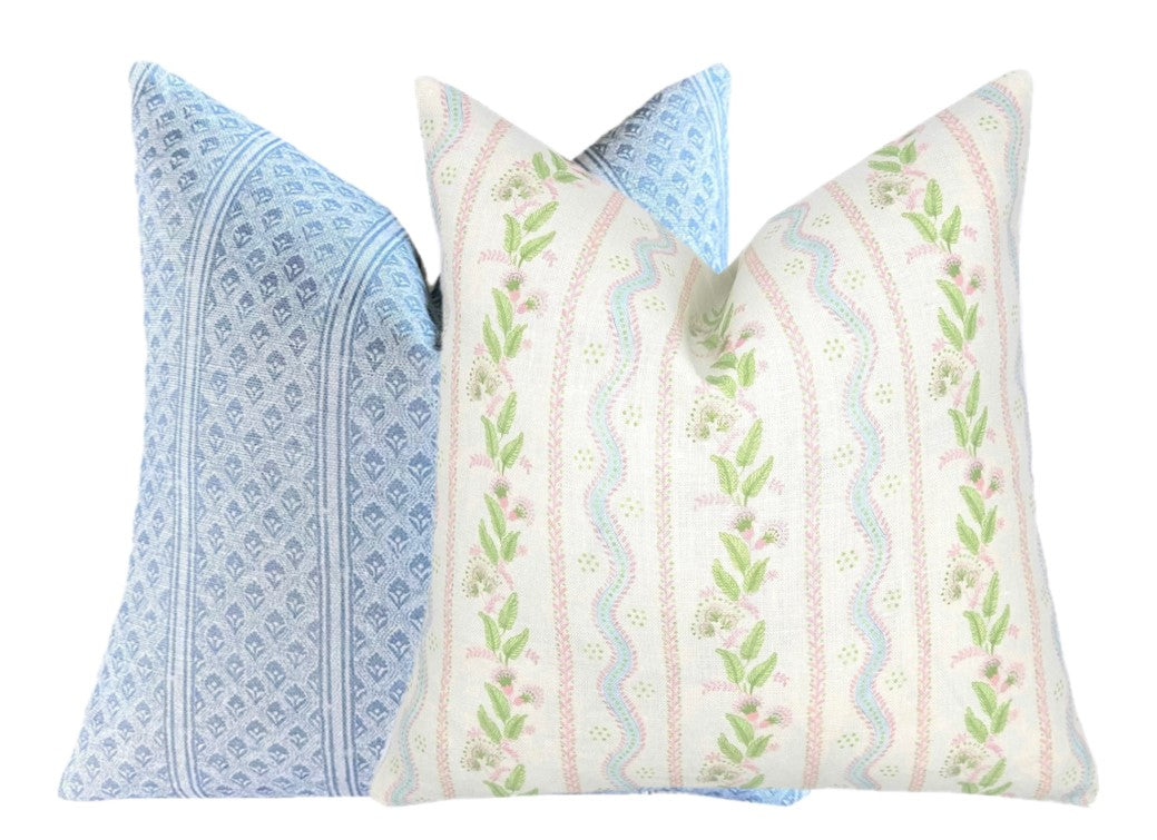 Emma Stripe Pink Blue Green Linen Pillow Cover | Soft Pink, Blue and Green on Off White Belgian Linen