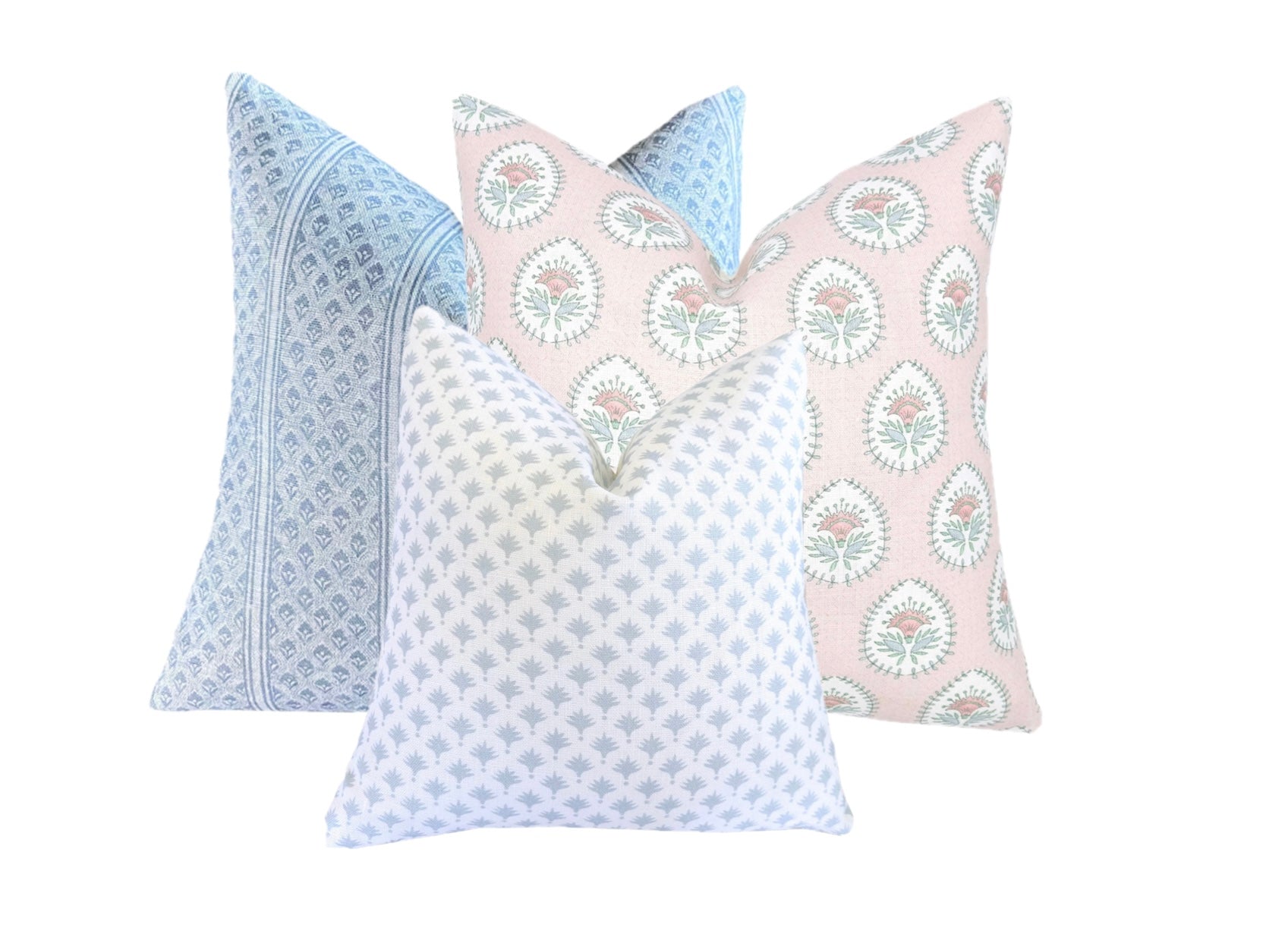 Flying Tack Collection #4 | 3 Designer Pillow Covers | Pillow Combination |  Daphne Pink | Palms Blue | Brynn Blue a