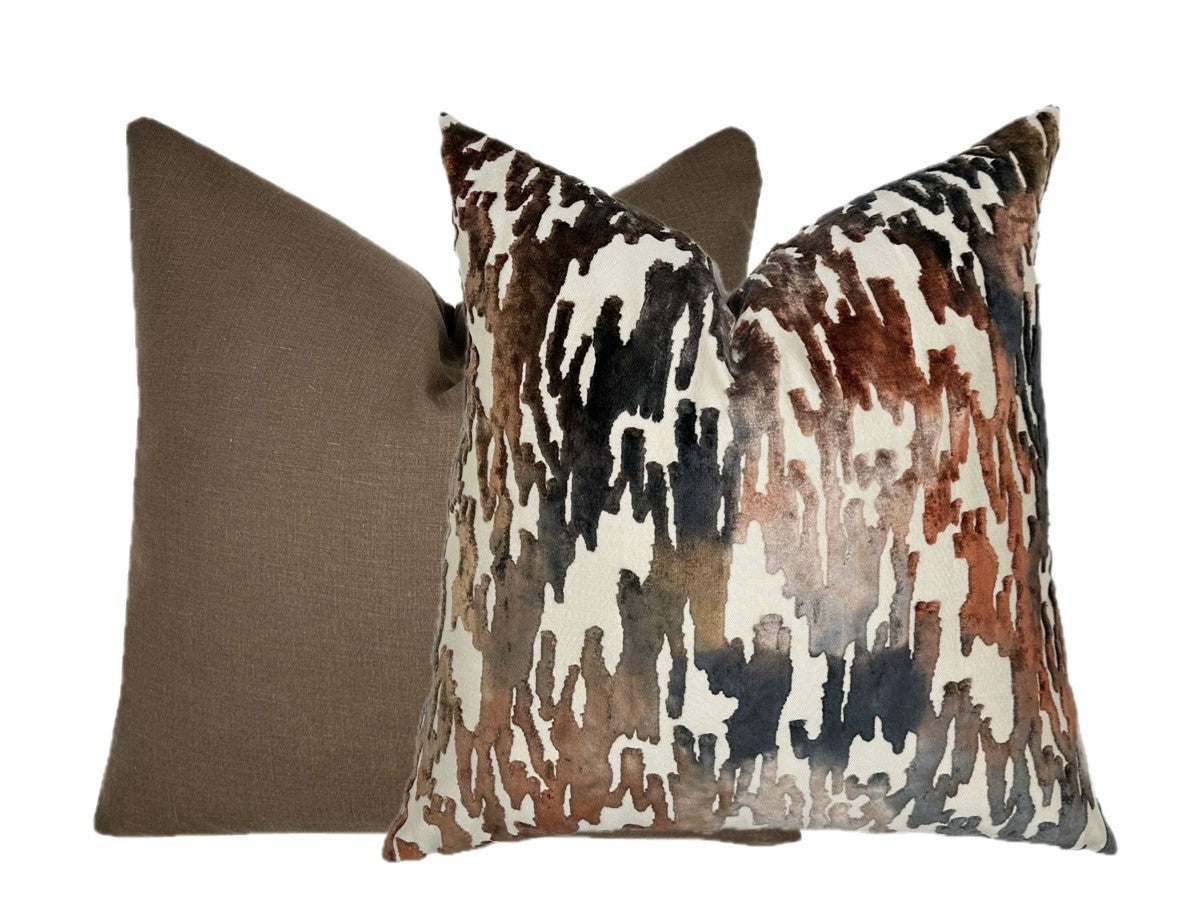 Mirage Indigo Rust Cut Velvet Pillow Cover | Designer | Warm Earth Tones | High End