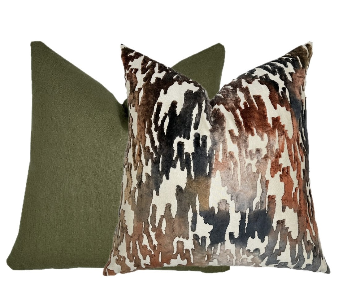 Mirage Indigo Rust Cut Velvet Pillow Cover | Designer | Warm Earth Tones | High End