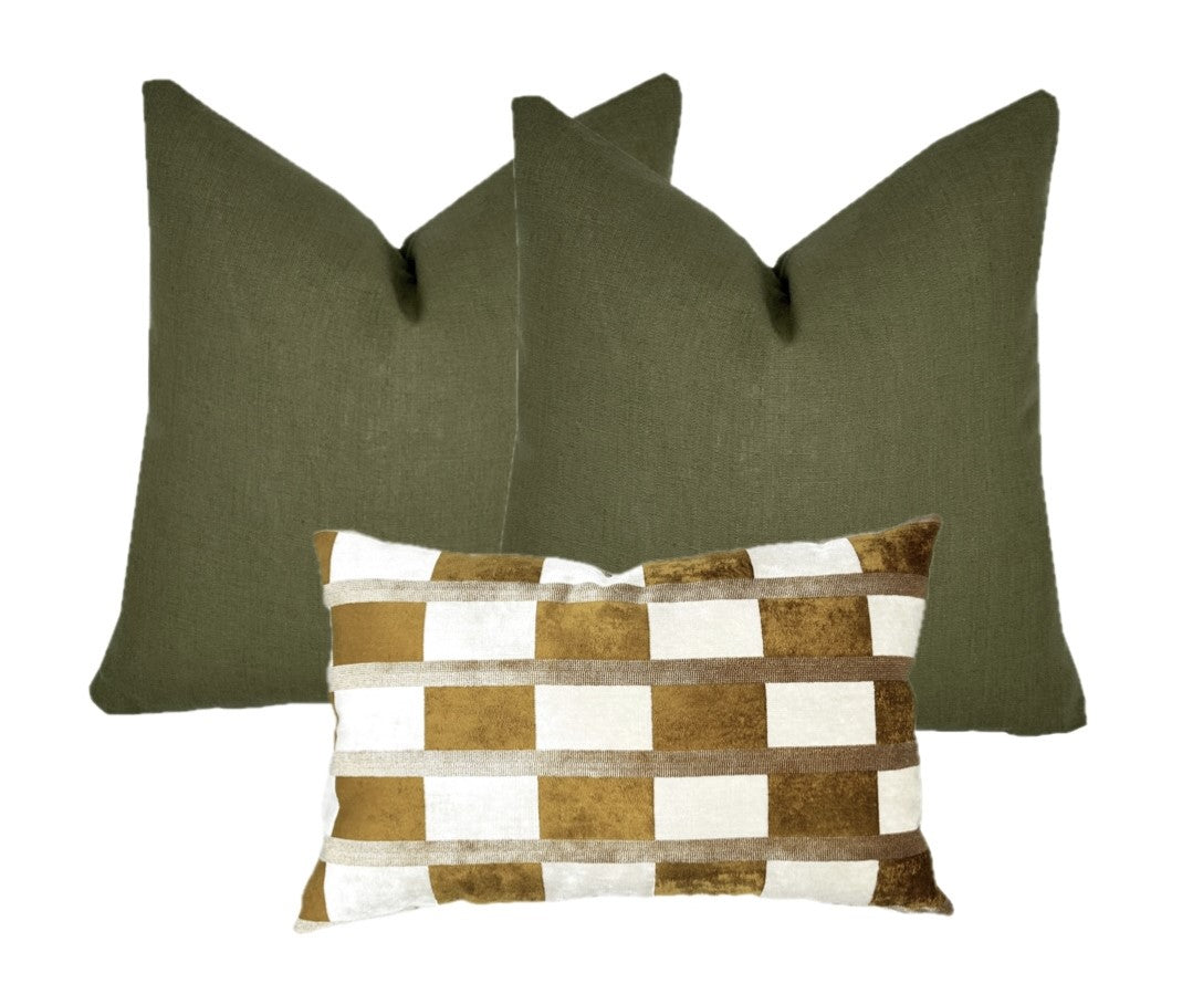 Mustard Velvet Lumbar Pillow Cover | Lumbar sizes | Checkered Stripe | Ochre | Gold