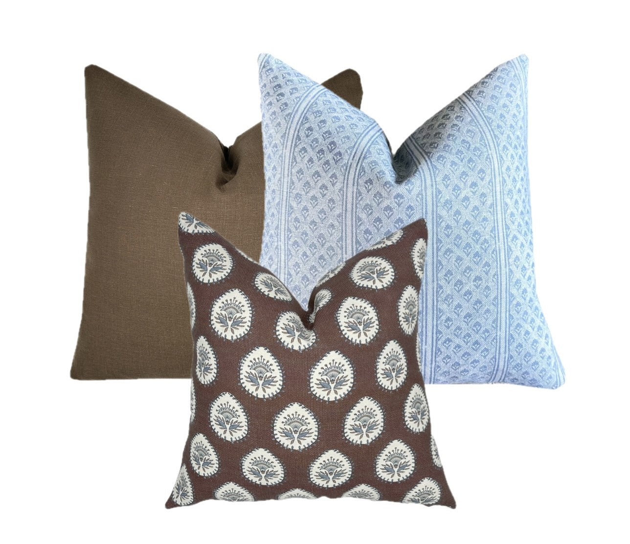 Flying Tack Collection #11 | Brynn Blue Floral Stripe | Daphne Brown | Solid Brown Linen | 3 Pillow Covers | Pillow Combination