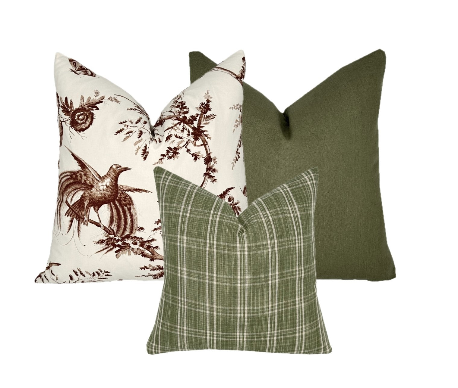Flying Tack Collection #9 | Gazebo Brown | Solid Olive Green | Olive Green Plaid  | 3 Designer Pillow Covers | Pillow Combination