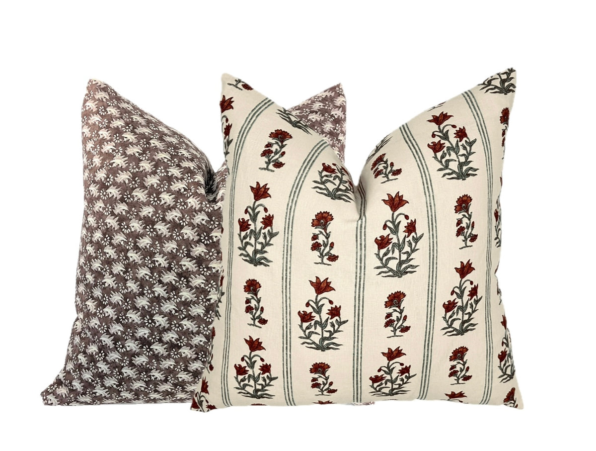 Schumacher Ellora Spice Pillow Cover | Paprika and Teal on light natural