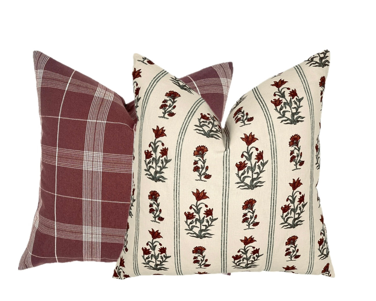 Schumacher Ellora Spice Pillow Cover | Paprika and Teal on light natural