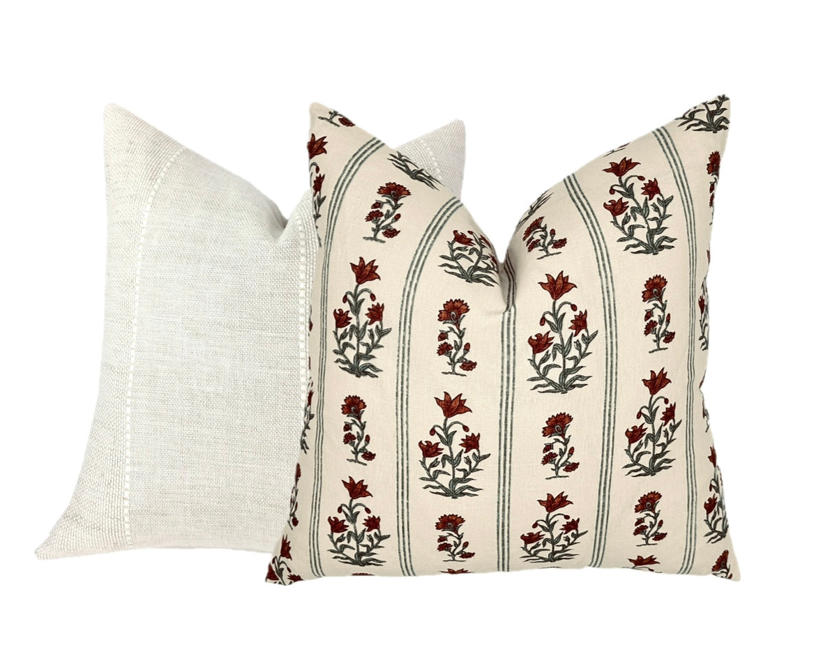 Schumacher Ellora Spice Pillow Cover | Paprika and Teal on light natural
