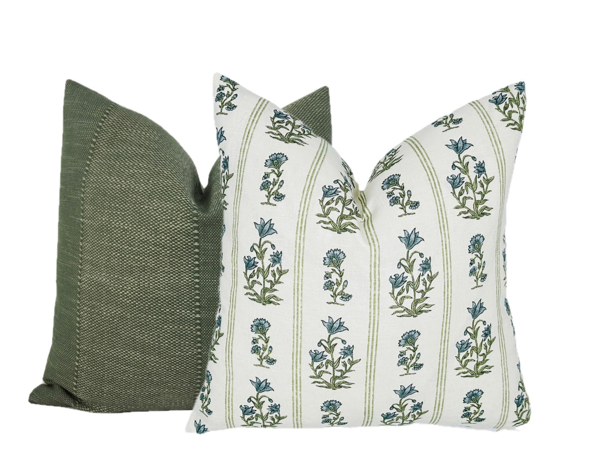 Schumacher Ellora Leaf Pillow Cover | Blue and Green Floral Stripe