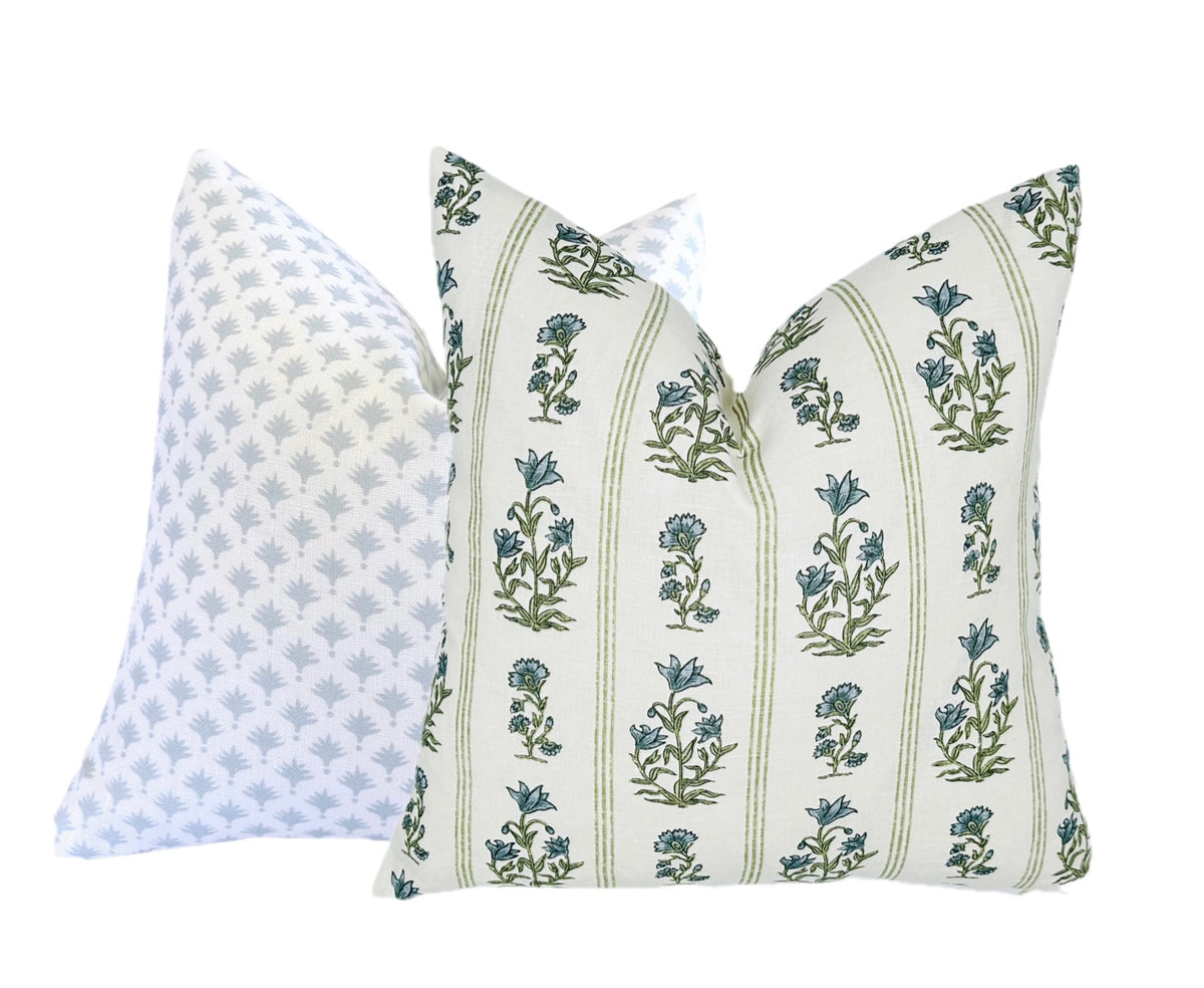 Schumacher Ellora Leaf Pillow Cover | Blue and Green Floral Stripe