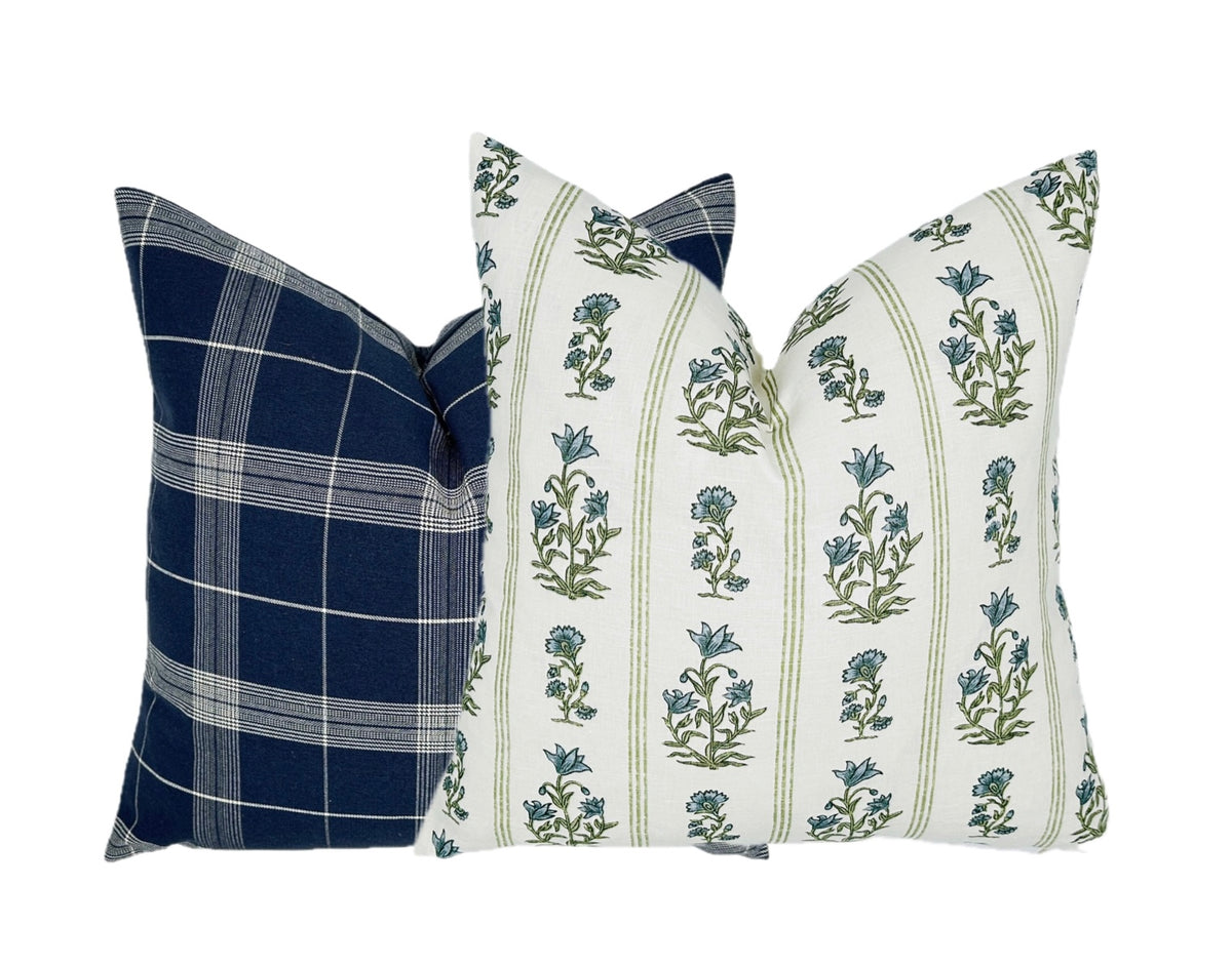 Schumacher Ellora Leaf Pillow Cover | Blue and Green Floral Stripe