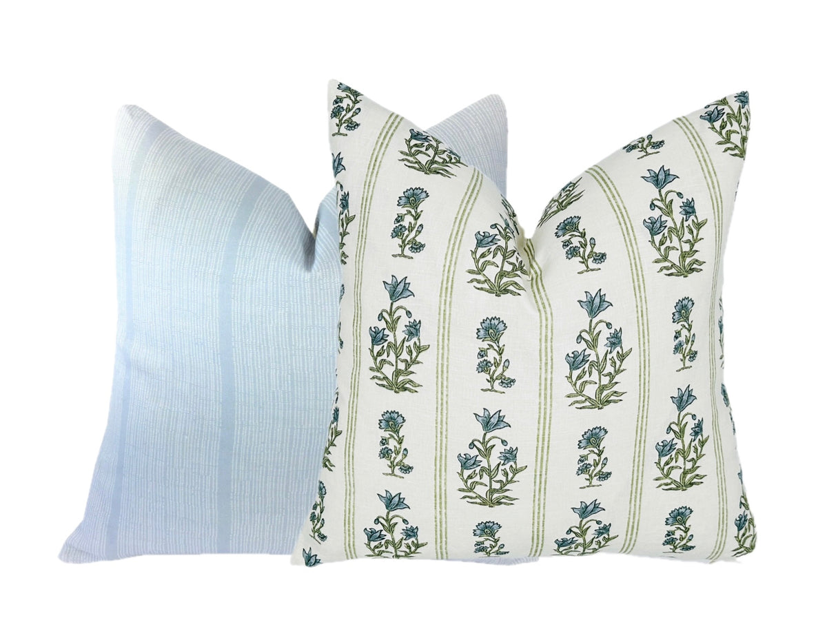Schumacher Ellora Leaf Pillow Cover | Blue and Green Floral Stripe