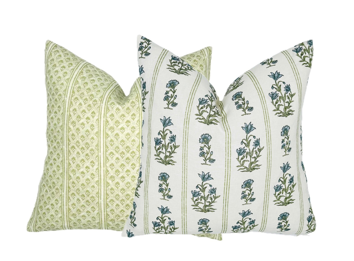 Schumacher Ellora Leaf Pillow Cover | Blue and Green Floral Stripe