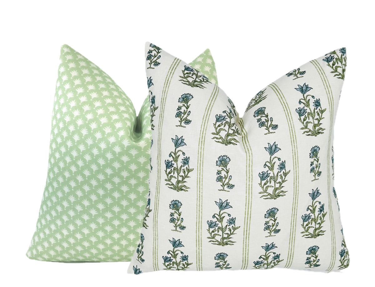 Schumacher Ellora Leaf Pillow Cover | Blue and Green Floral Stripe