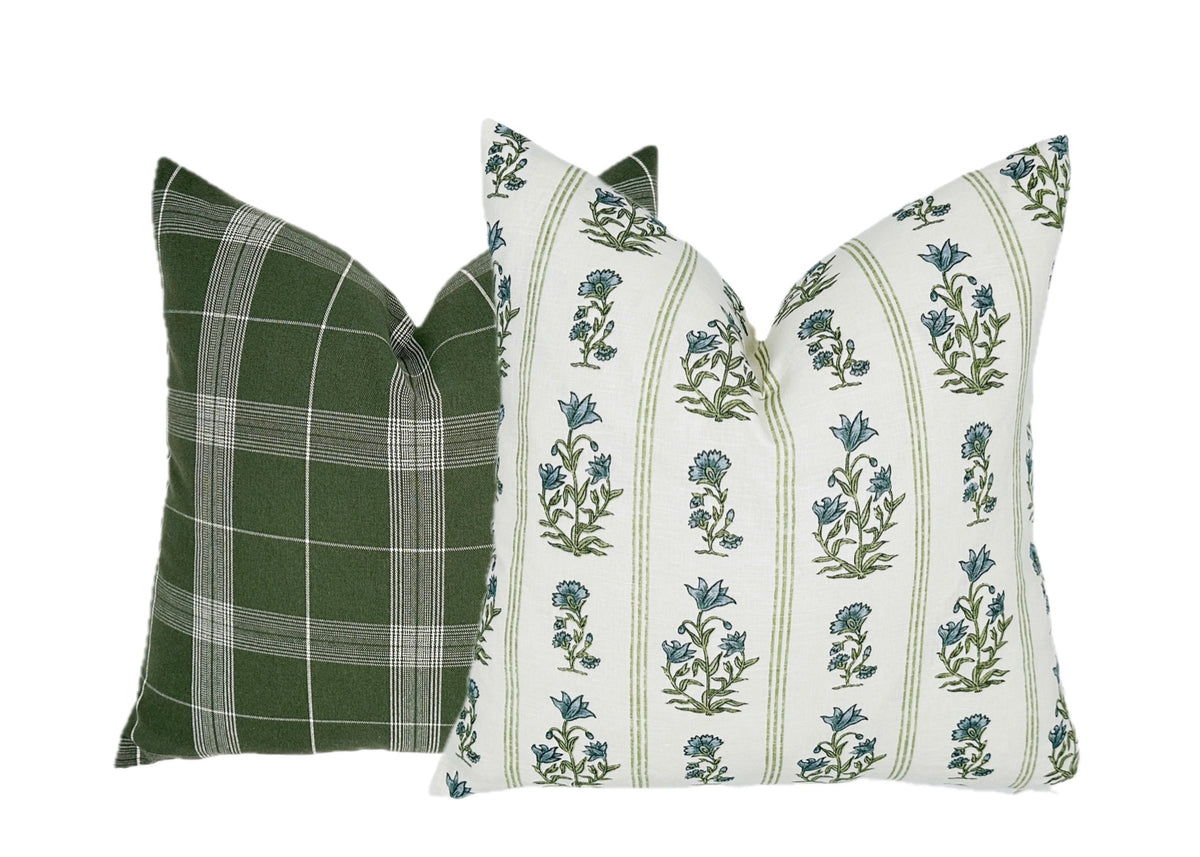 Schumacher Ellora Leaf Pillow Cover | Blue and Green Floral Stripe