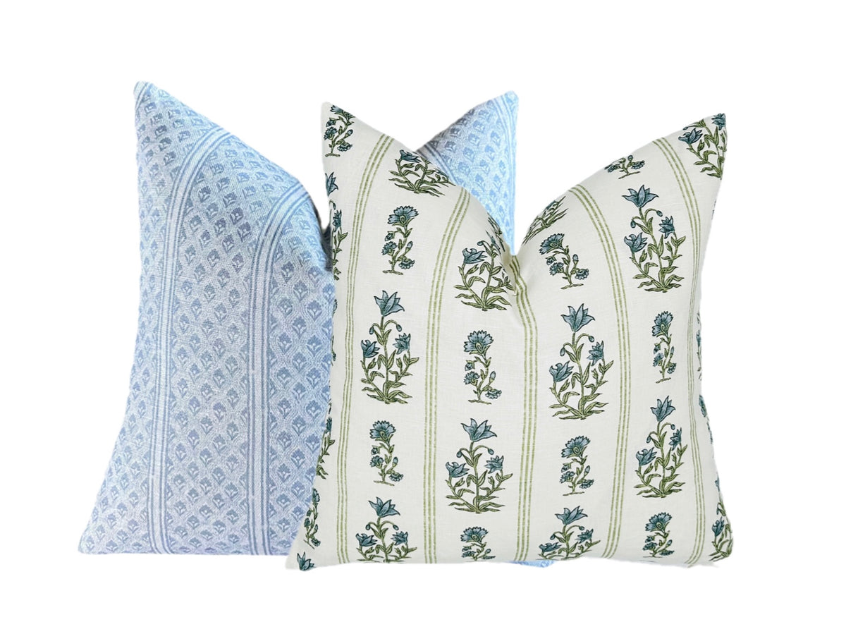 Schumacher Ellora Leaf Pillow Cover | Blue and Green Floral Stripe
