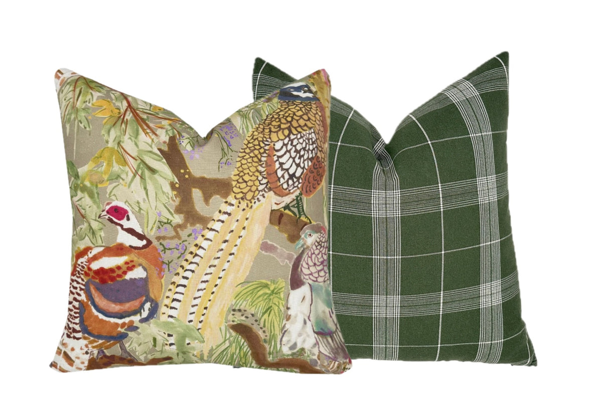 Designer Game Birds Pillow Cover | Lee Jofa | Stone Green Multi Color Pheasant Print