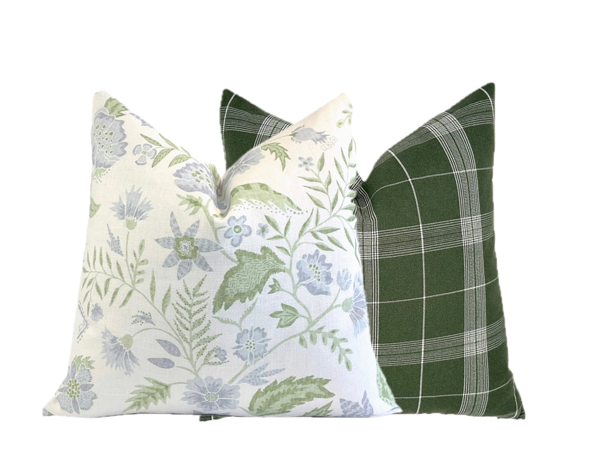 Kathy Vine Blue and Green Linen Pillow Cover | Designer | High End | Soft Sky Blue and Green on Off White Belgian Linen