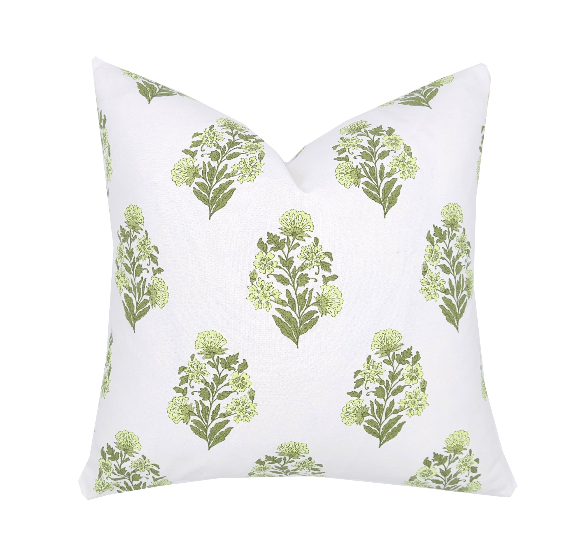 Sarah Green Floral Block Print Pillow Cover | Same Fabric Both Sides