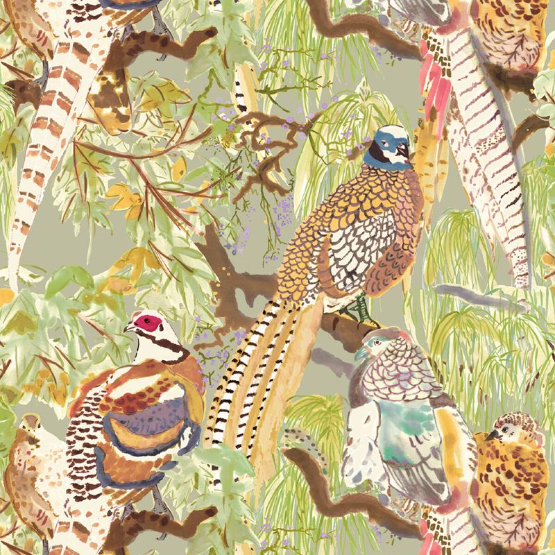 BACKORDER - Designer Game Birds Pillow Cover | Lee Jofa | Stone Green Multi Color Pheasant Print