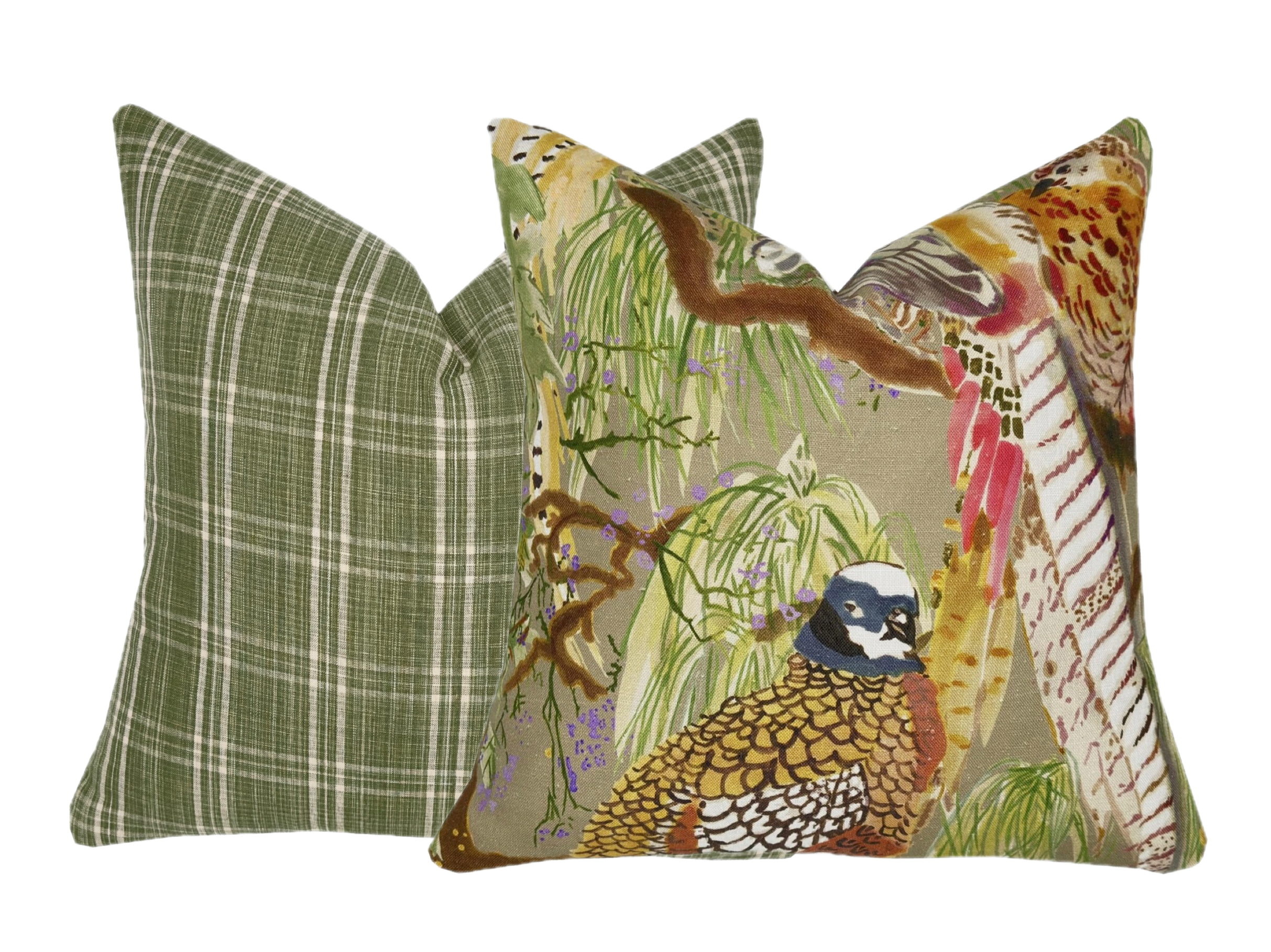 BACKORDER - Designer Game Birds Pillow Cover | Lee Jofa | Stone Green Multi Color Pheasant Print