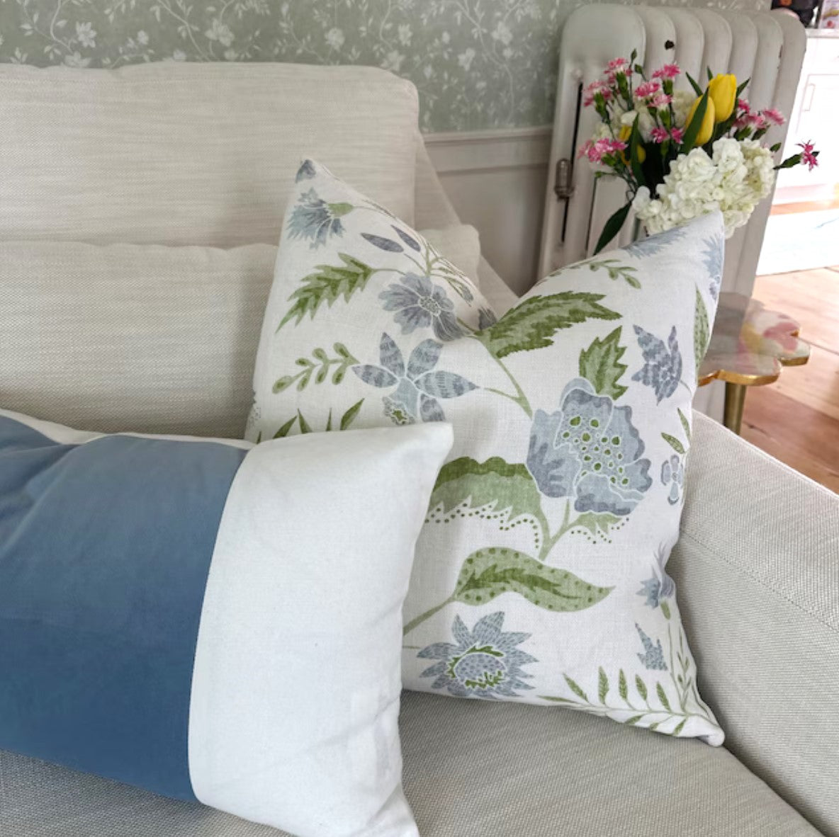 Kathy Vine Blue and Green Linen Pillow Cover | Designer | High End | Soft Sky Blue and Green on Off White Belgian Linen