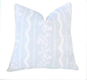 Wendy Soft Blue Floral Stripe Linen Pillow Cover | Designer | High End | Blue and Ivory