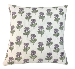 Taza Lavender and Green Floral Block Print Pillow Cover | Mughal Flower