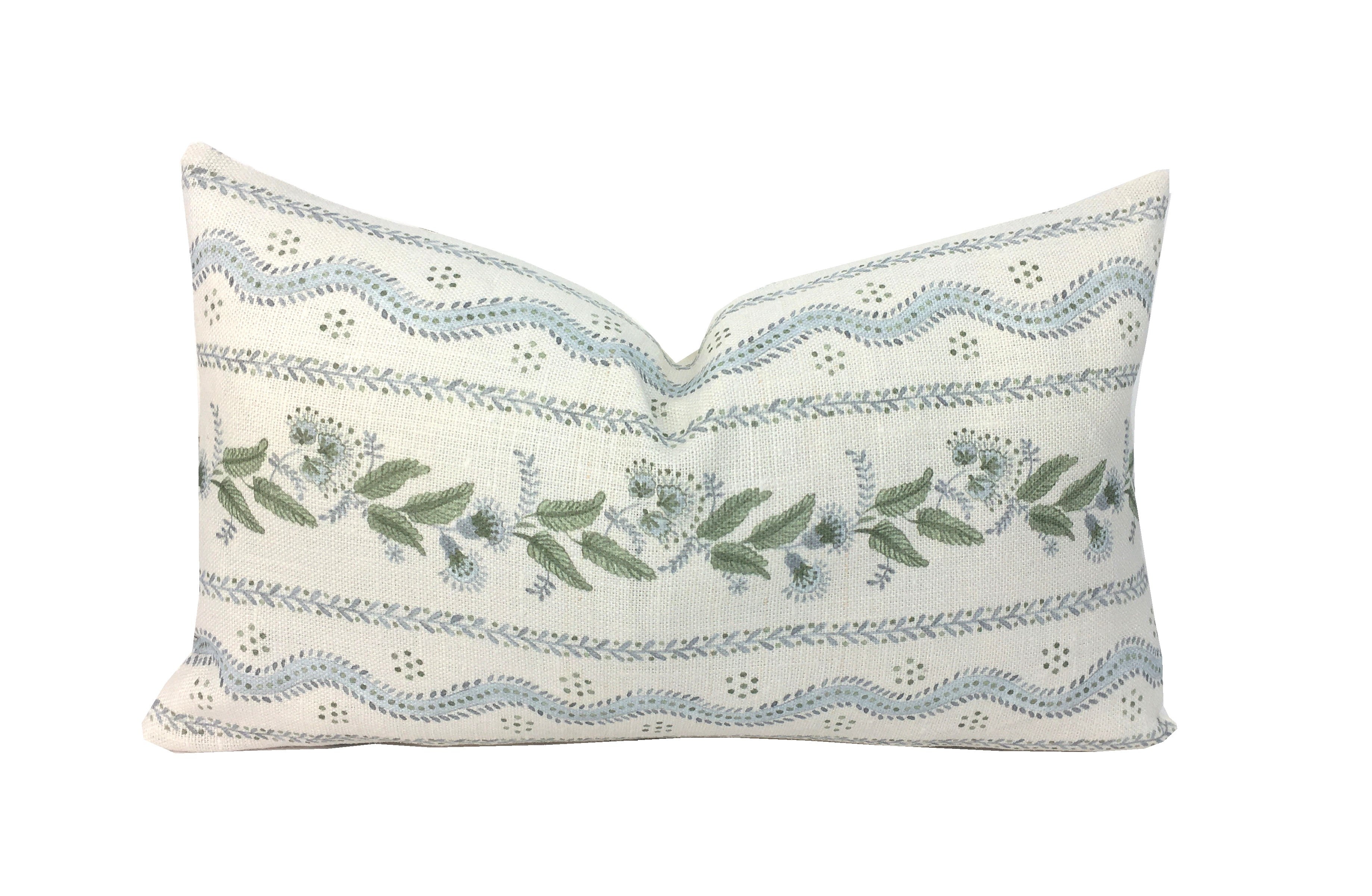 Emma Stripe Lumbar Pillow Cover | Soft Sky Blue and Green on Off White Linen