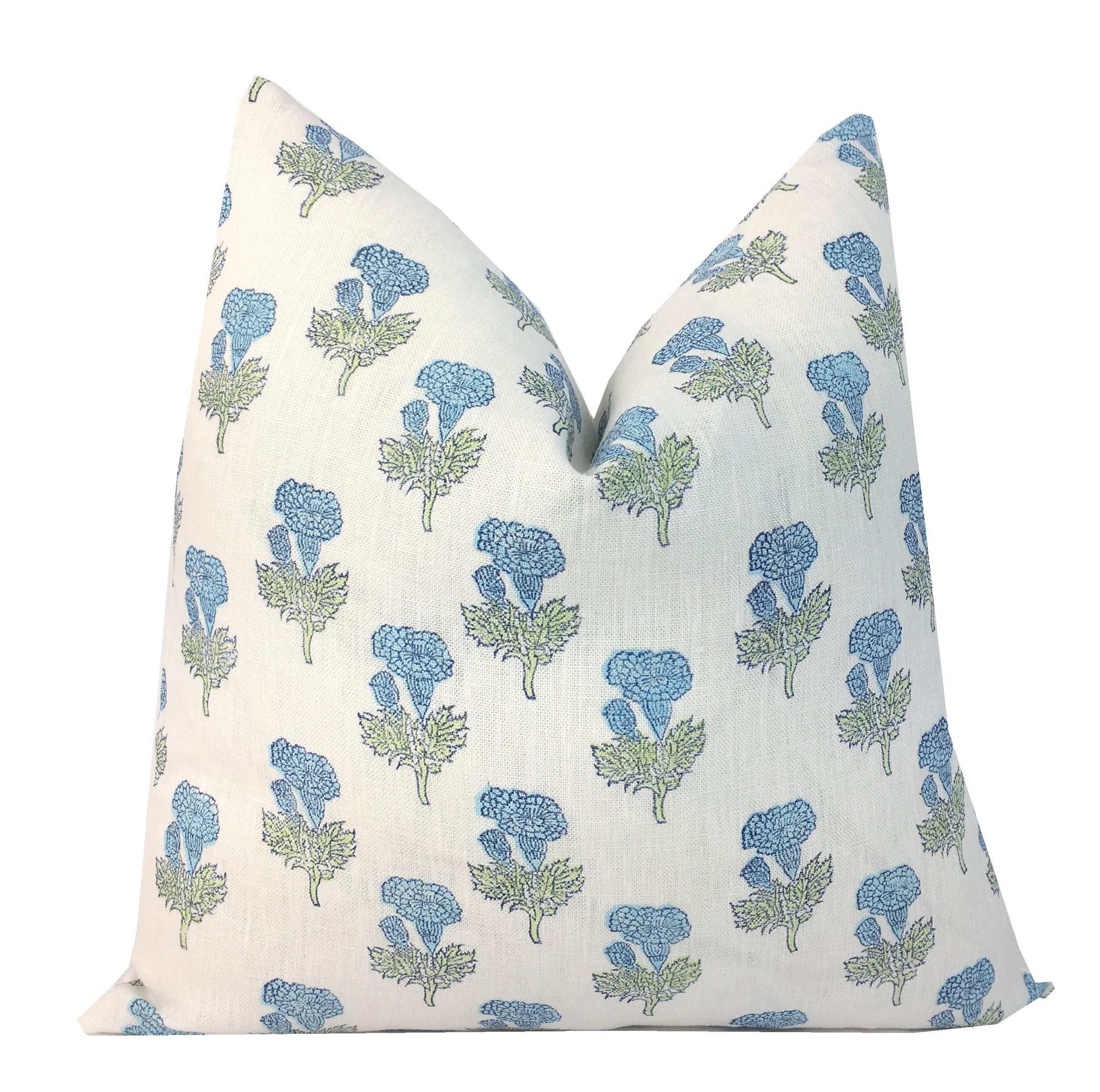 Samali Sky Blue and Green Floral Block Print Pillow Cover | Mughal Flower