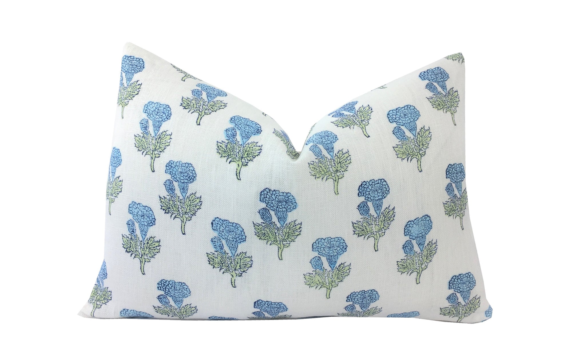 Samali Sky Blue and Green Floral Block Print Pillow Cover | Mughal Flower